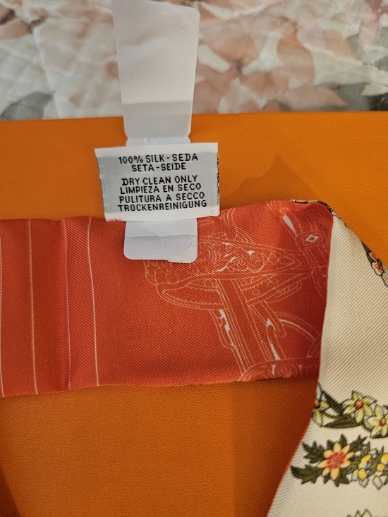 Hermes Accessories - Hermes Orange and Red Silk Scarf with Floral Accent. 34"